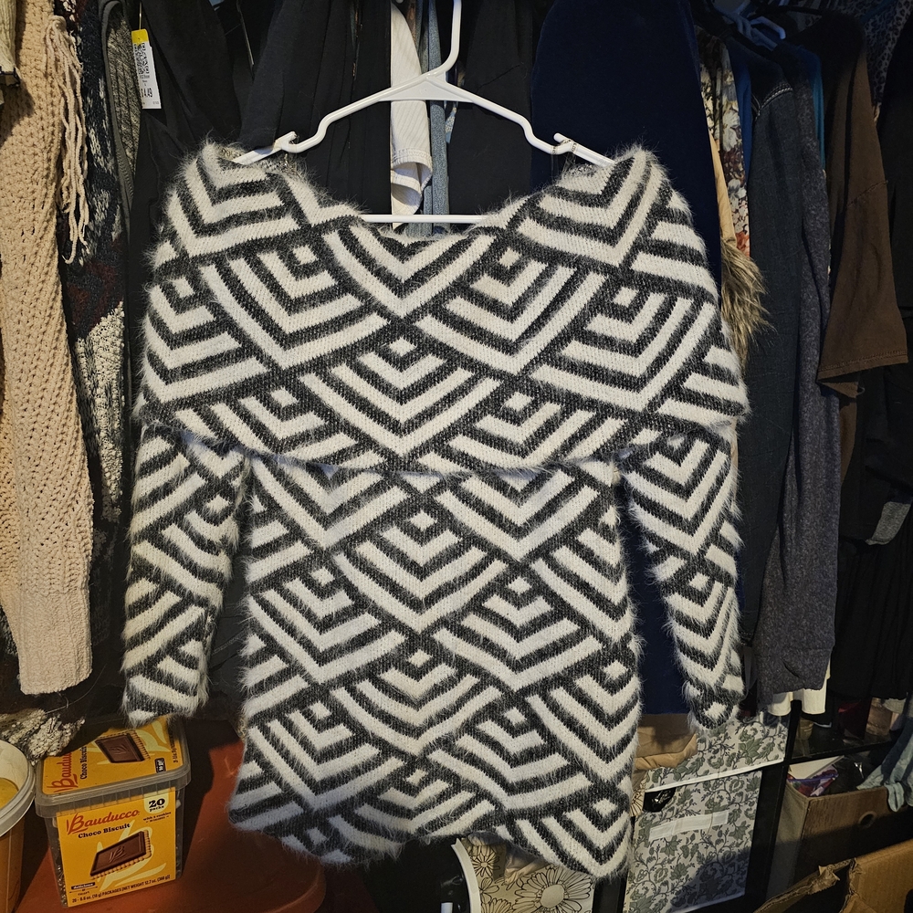 Frank Lyman Design Black and White Off-the-Shoulder Sweater With Bow On Back